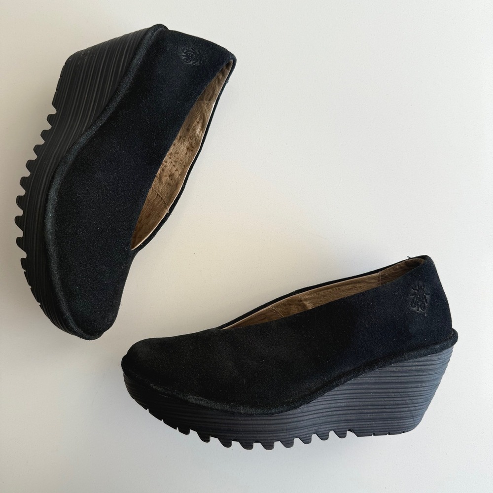 Fly London Black Suede Wedges
